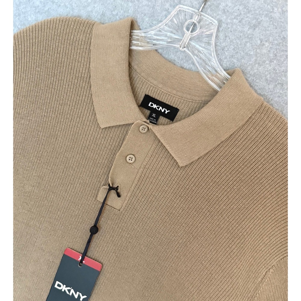 New! DKNY Sweater Polo Mens XL Cream Short Sleeve Cotton Knit Regular Fit NWT